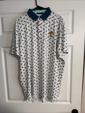 Greyson Men's XL White Polo Shirt with Navy Birds Print, Kiawah